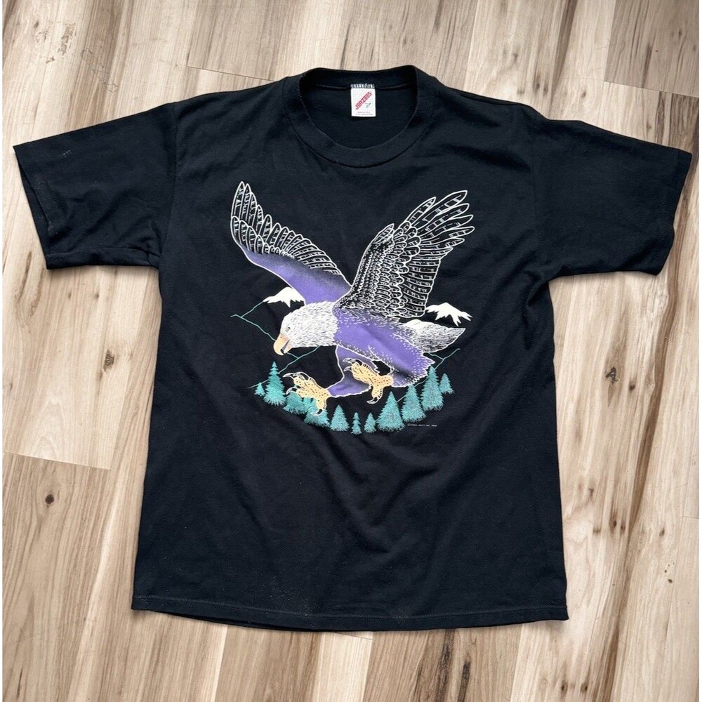 Vintage Jerzees 1990 Single Stitch T Shirt Eagle Puff Print Mens Large 42-44 USA